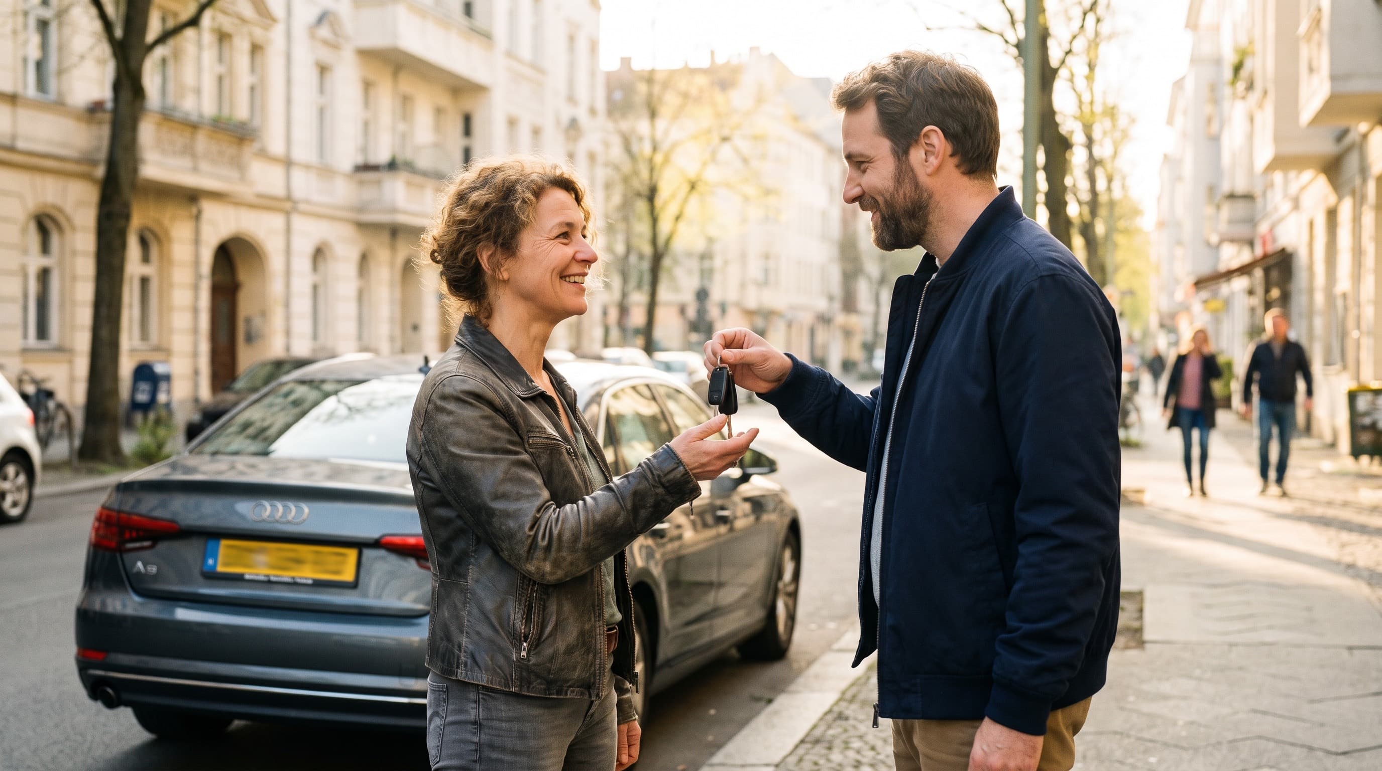 Servicemitarbeiter übergibt einem zufriedenen Kunden den Autoschlüssel auf einer sonnigen Berliner Straße